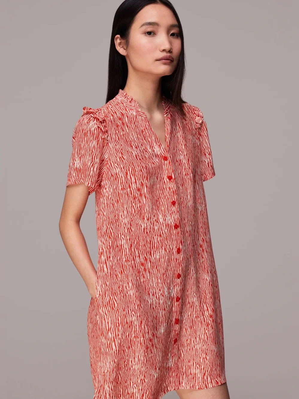 Whistles Red Rosalie Woodland Animal Button Down Shirt Dress Sz 6 Summer Travel - Picture 1 of 14